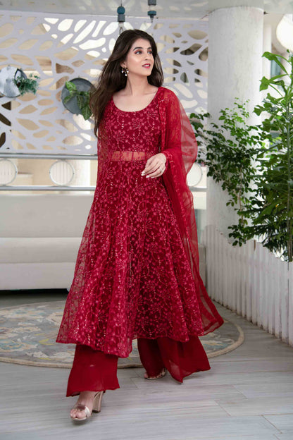 Women's Red Anarkali Suit Set With Palazzo With Net Dupatta