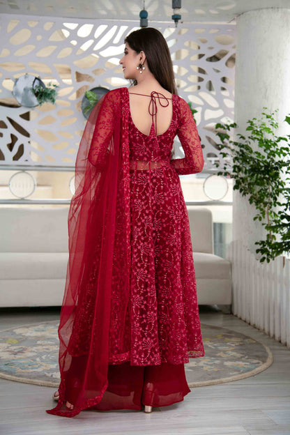 Women's Red Anarkali Suit Set With Palazzo With Net Dupatta