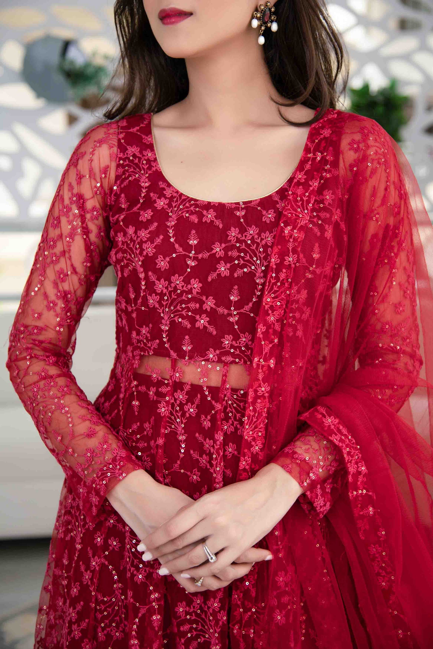 Women's Red Anarkali Suit Set With Palazzo With Net Dupatta