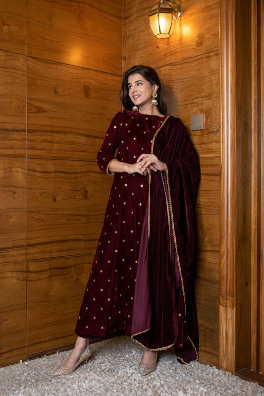 Women's Maroon Velevet A Line Kurta Set