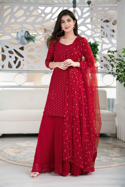 Women's Red Georgette Palazzo Suit Set With Net Dupatta (3 Pc Set)