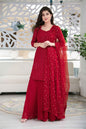 Women's Red Georgette Palazzo Suit Set With Net Dupatta (3 Pc Set)