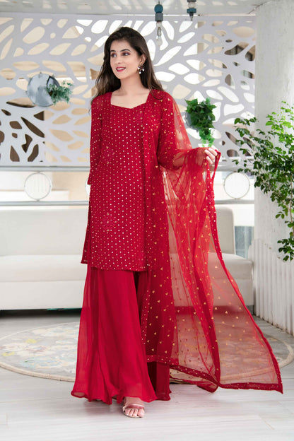 Women's Red Georgette Palazzo Suit Set With Net Dupatta (3 Pc Set)