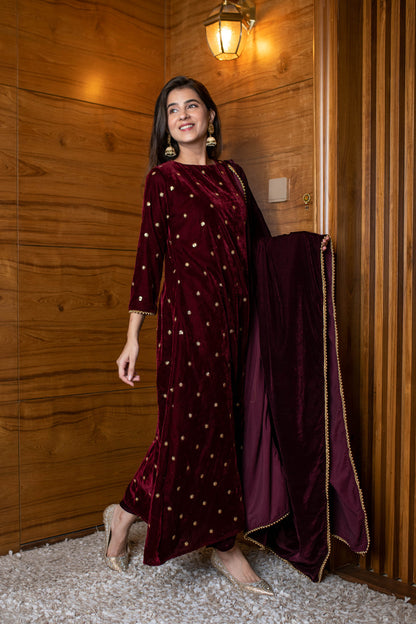 Women's Maroon Velevet A Line Kurta Set