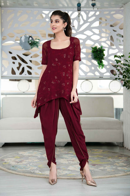 Women's Maroon Thread Work Kurta Dhoti Set