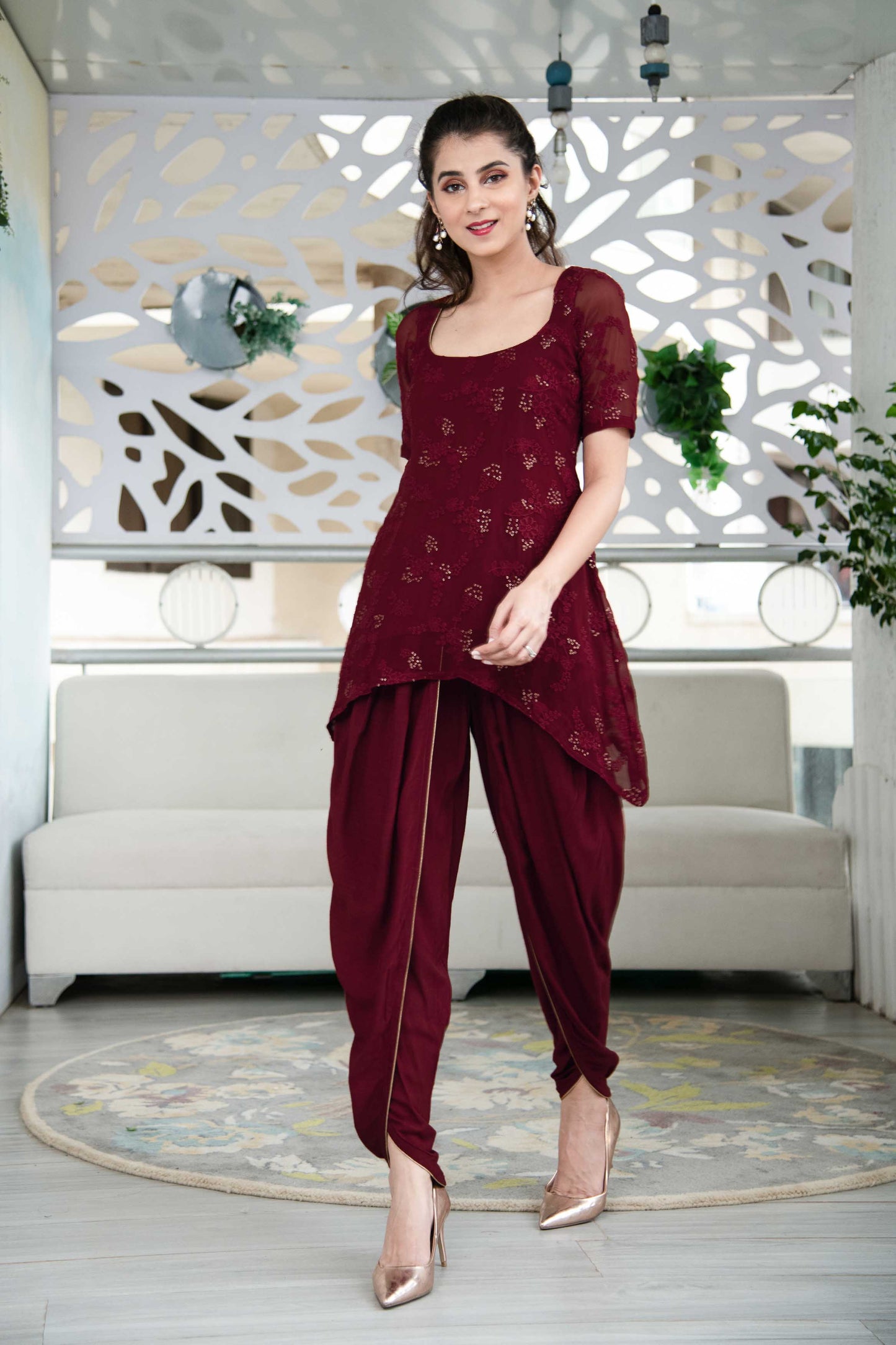 Women's Maroon Thread Work Kurta Dhoti Set