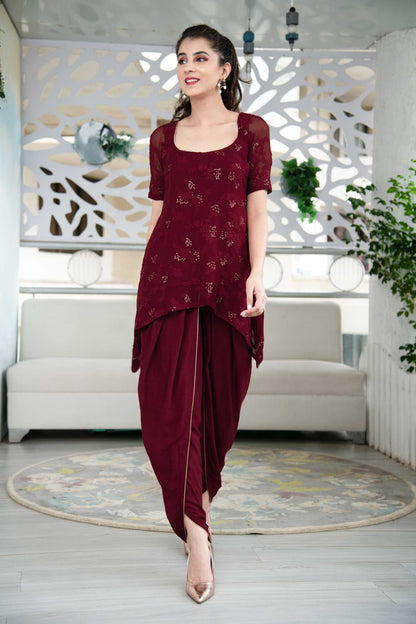 Women's Maroon Thread Work Kurta Dhoti Set