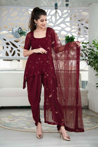 Women's Maroon Thread Work Kurta Dhoti Set