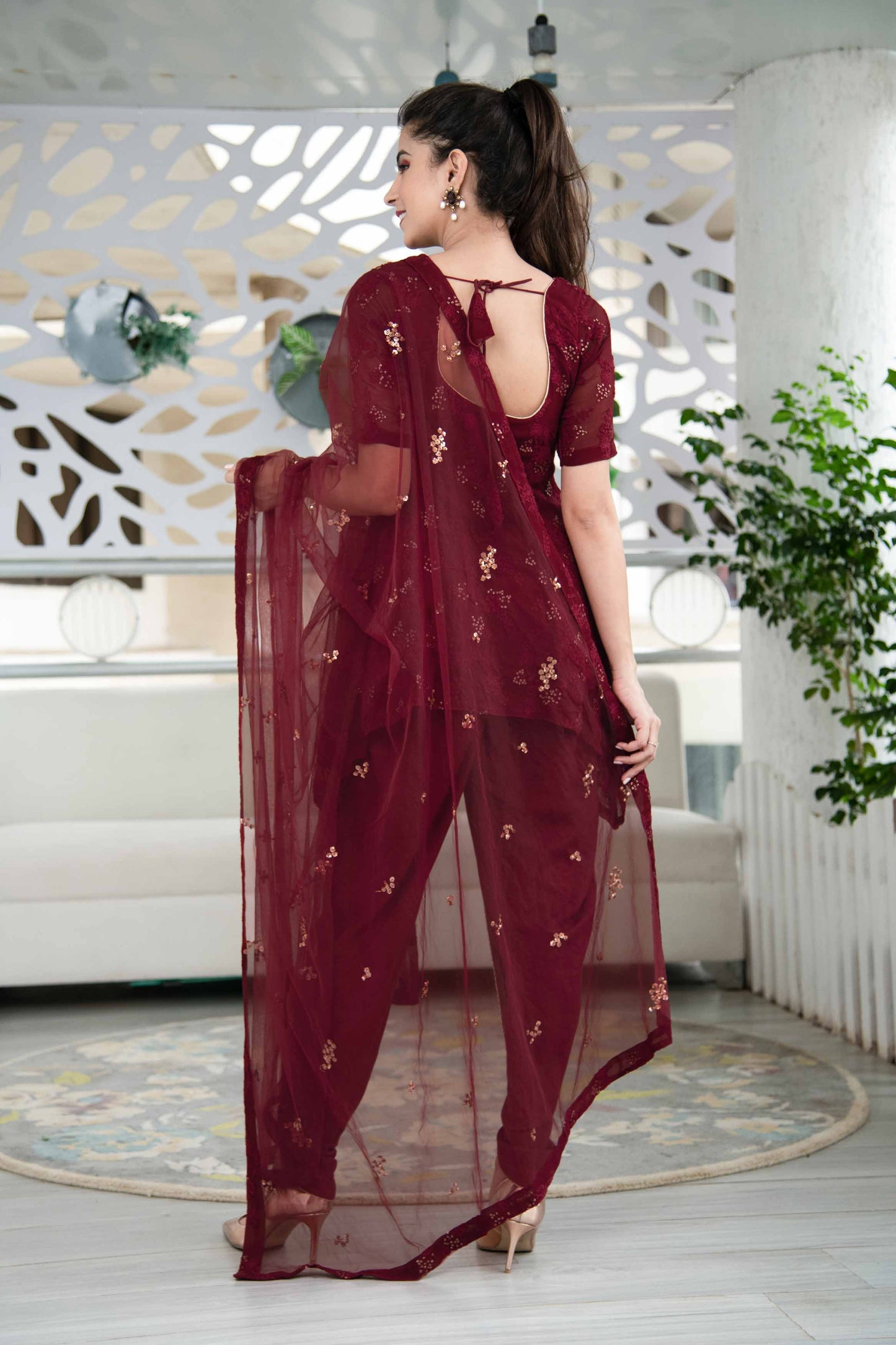 Women's Maroon Thread Work Kurta Dhoti Set
