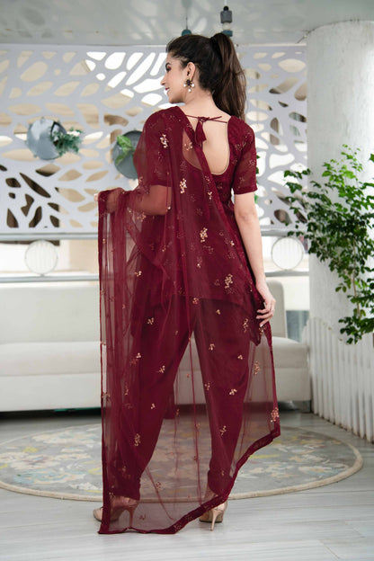 Women's Maroon Thread Work Kurta Dhoti Set