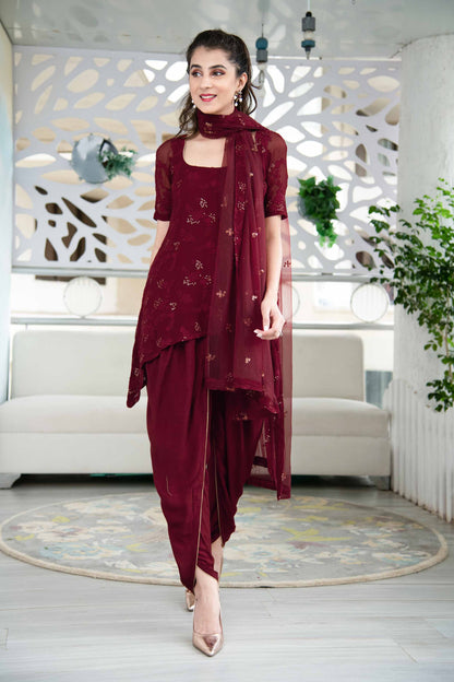 Women's Maroon Thread Work Kurta Dhoti Set