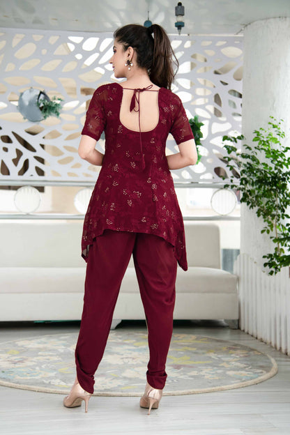 Women's Maroon Thread Work Kurta Dhoti Set