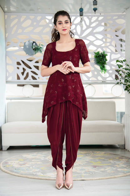 Women's Maroon Thread Work Kurta Dhoti Set