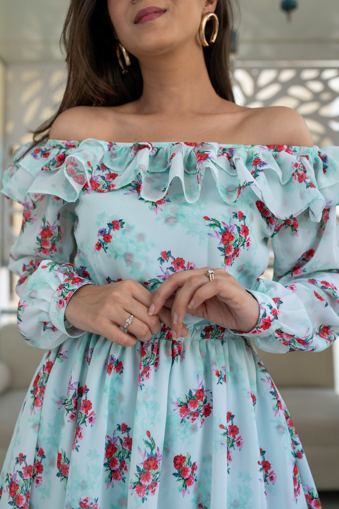 Women's Sea Green Off Shoulder Short Dress (1 Pc Set)