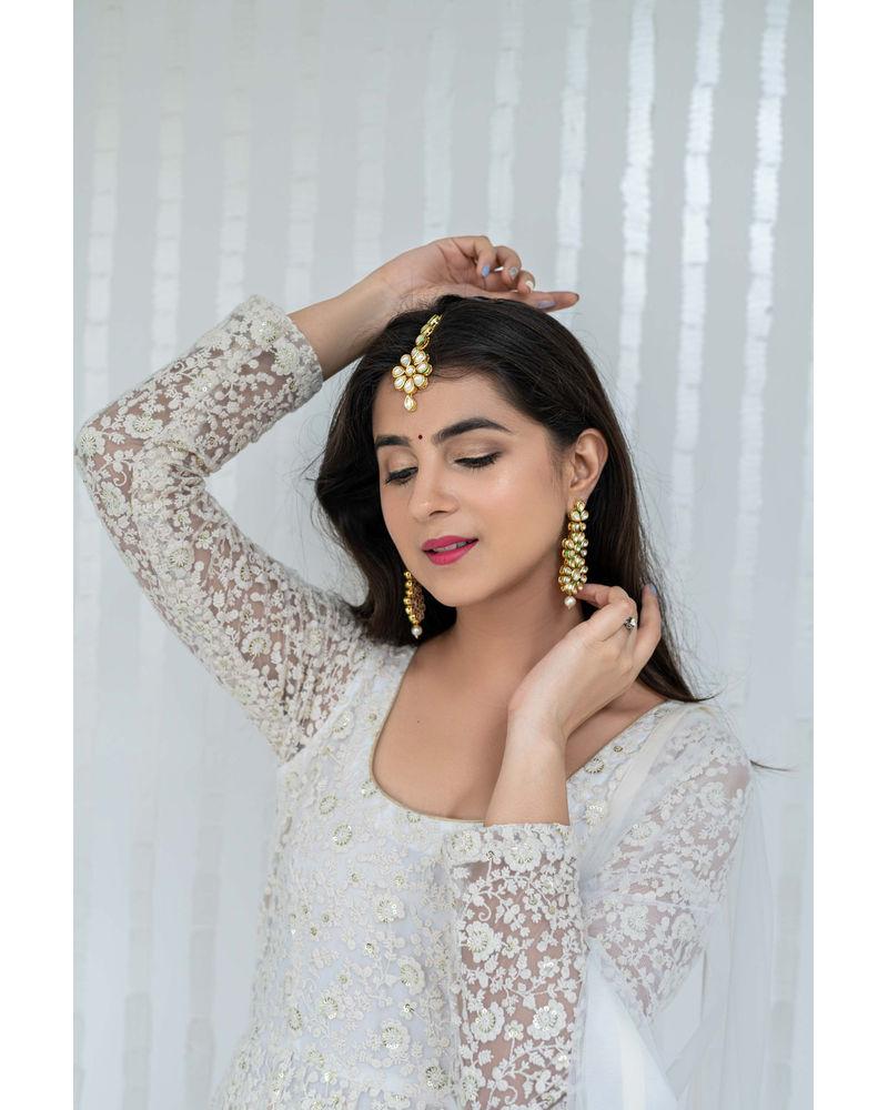 Women's White Anarkali suit set with Skirt & Dupatta by Label Sha