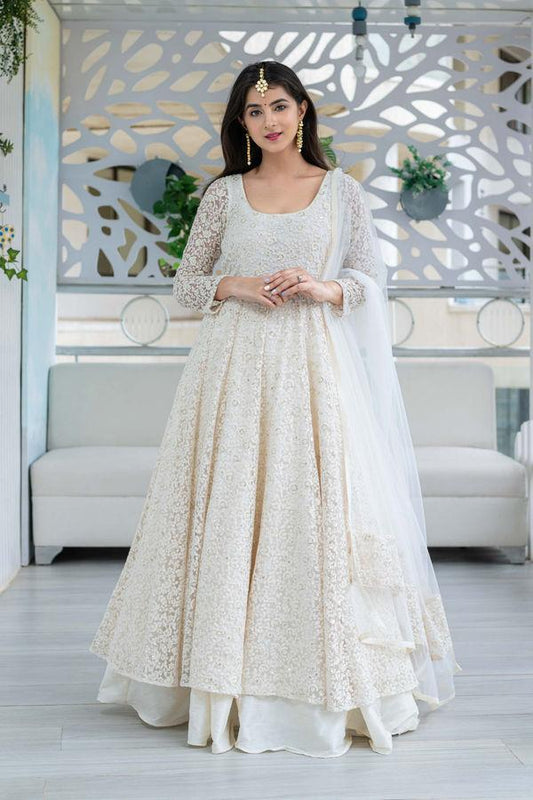 Women's White Anarkali suit set with Skirt & Dupatta by Label Sha