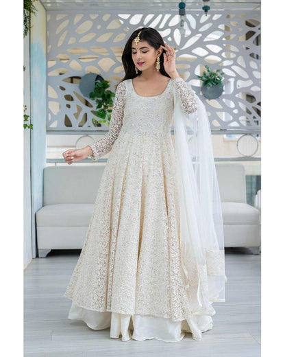Women's White Anarkali suit set with Skirt & Dupatta by Label Sha