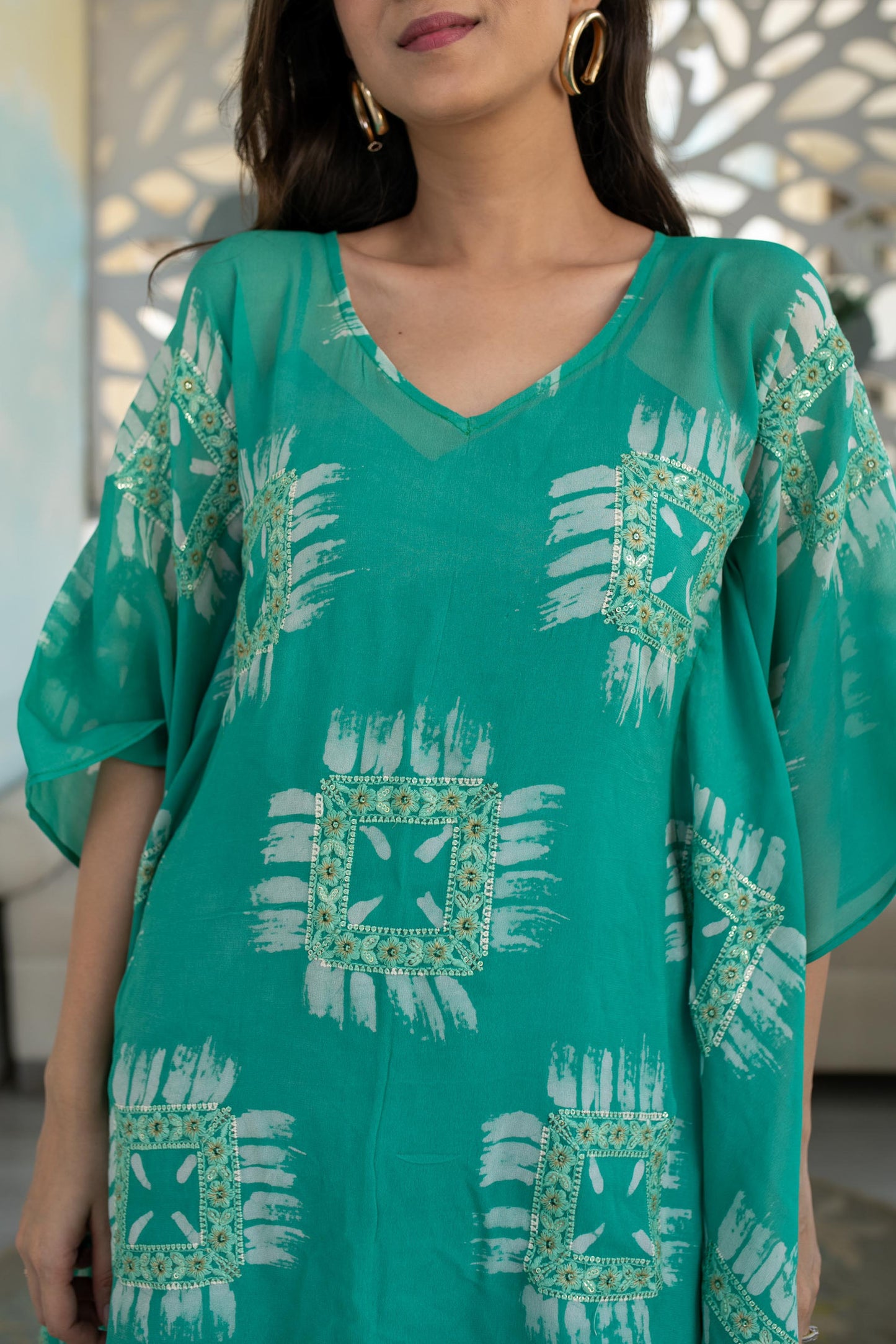 Women's Sea Green Thread And Sequin Work Kaftan (1pc)