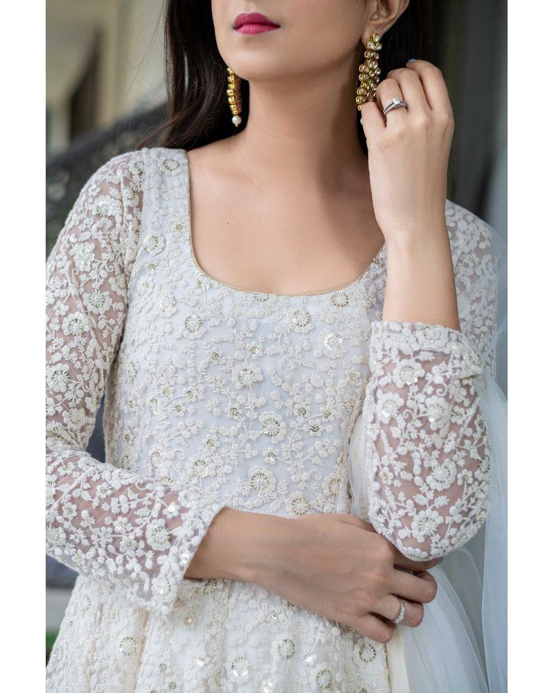 Women's White Anarkali suit set with Skirt & Dupatta by Label Sha