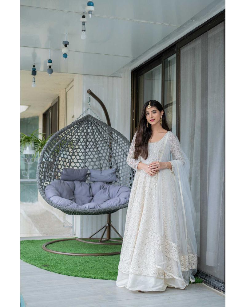 Women's White Anarkali suit set with Skirt & Dupatta by Label Sha