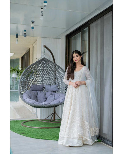 Women's White Anarkali suit set with Skirt & Dupatta by Label Sha