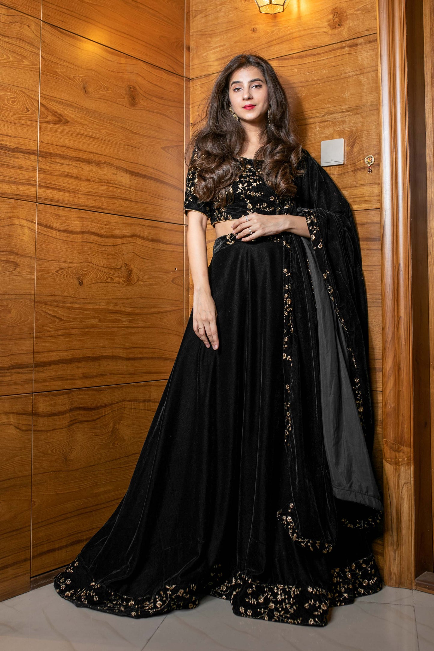 Women's Black Sequin and Zari Work Velvet Lehenga