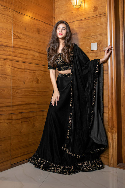 Women's Black Sequin and Zari Work Velvet Lehenga