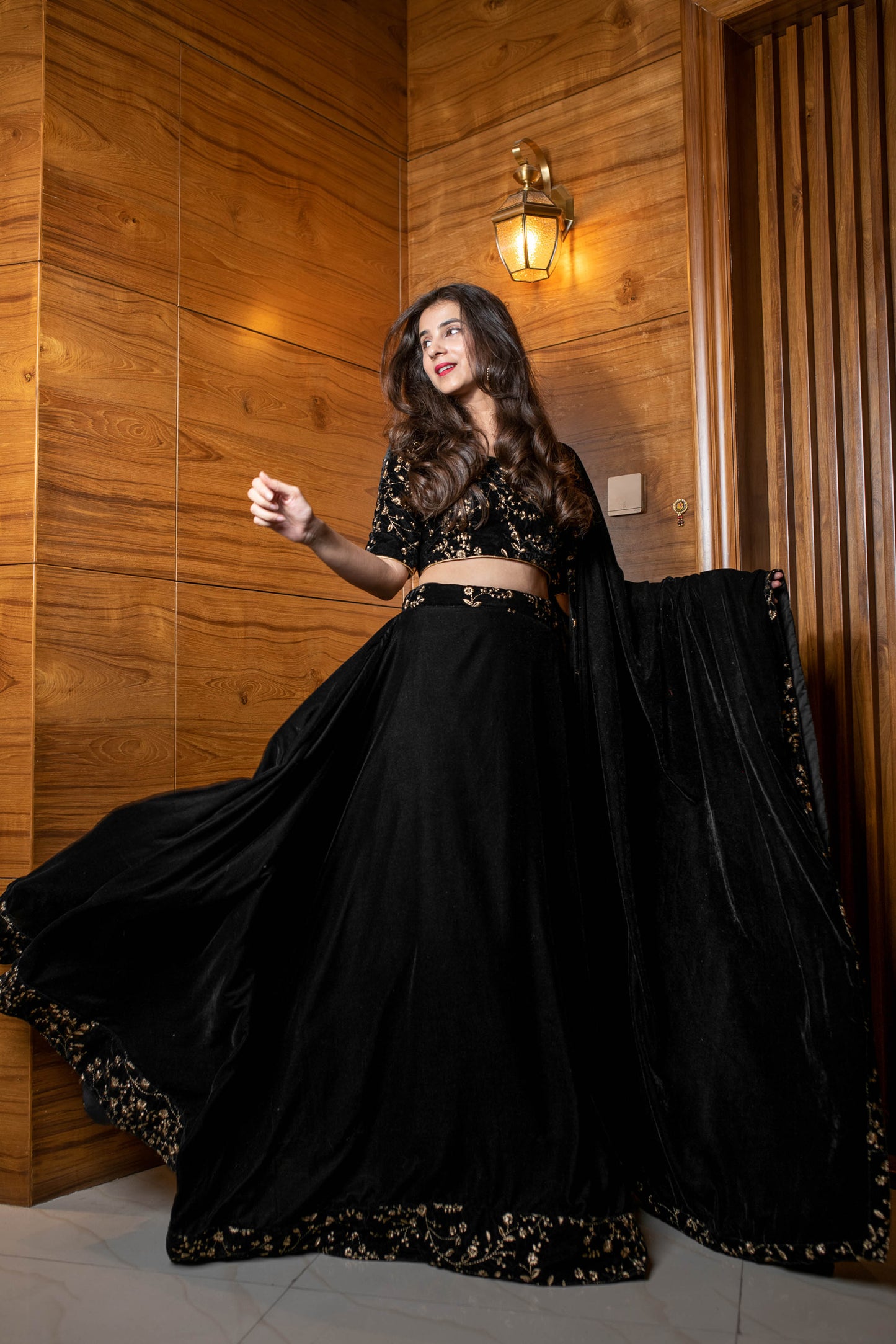 Women's Black Sequin and Zari Work Velvet Lehenga