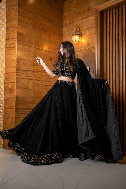 Women's Black Sequin and Zari Work Velvet Lehenga