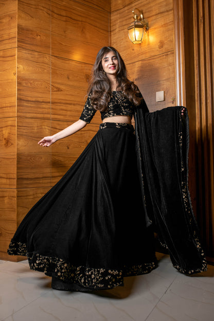 Women's Black Sequin and Zari Work Velvet Lehenga