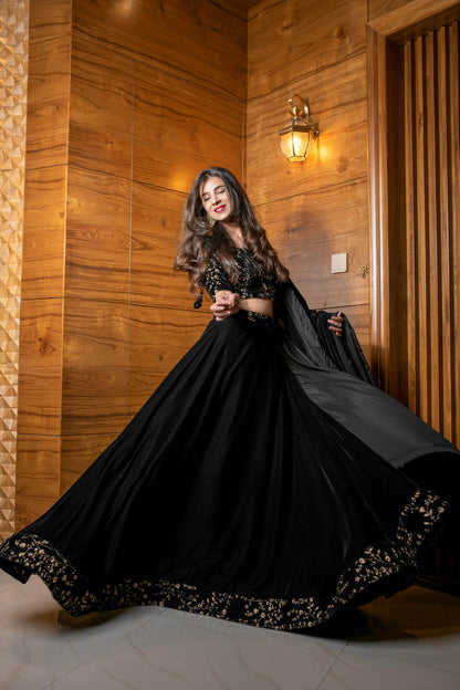 Women's Black Sequin and Zari Work Velvet Lehenga