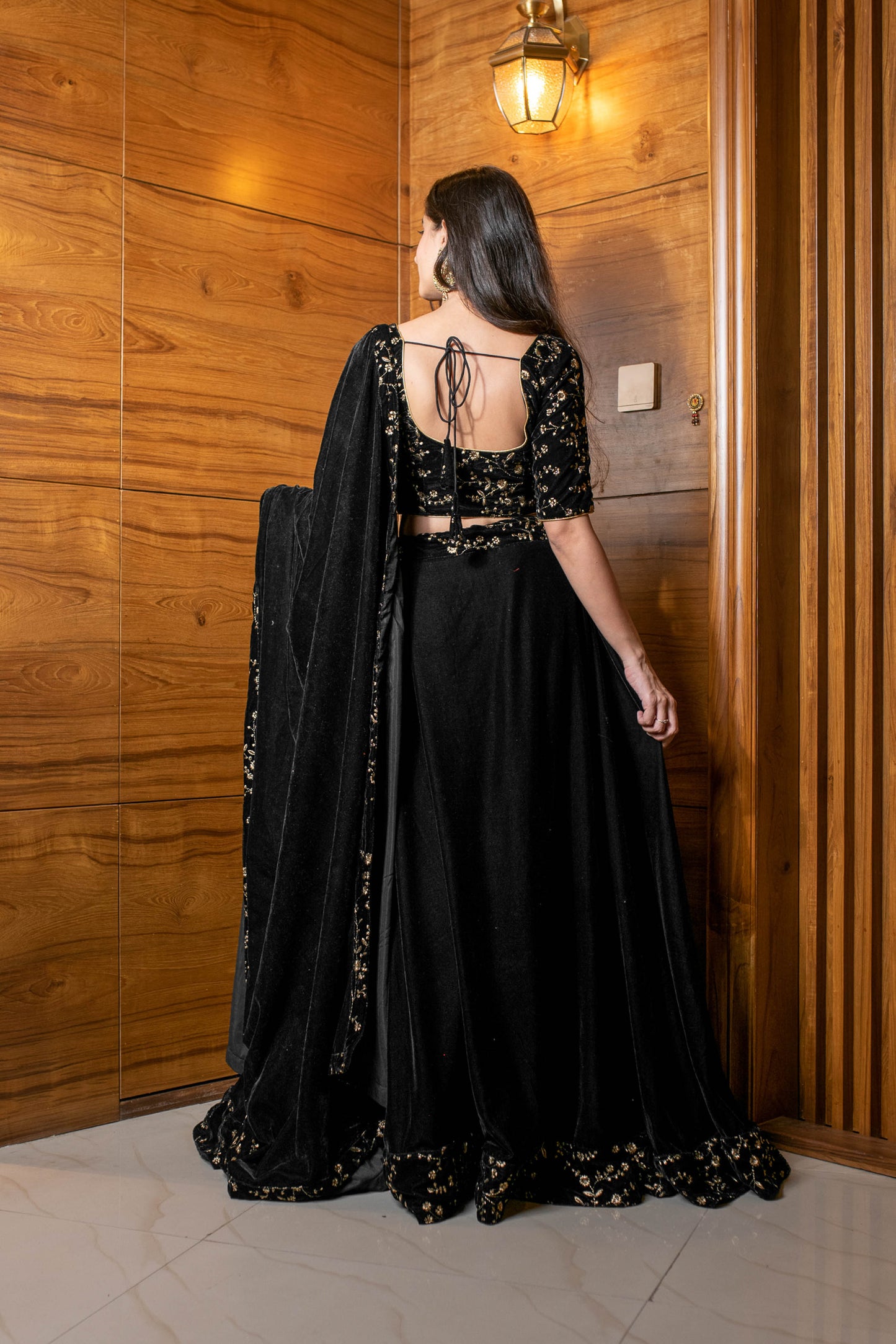 Women's Black Sequin and Zari Work Velvet Lehenga