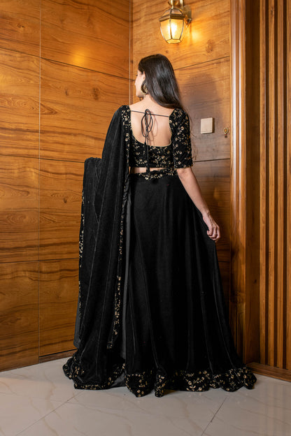 Women's Black Sequin and Zari Work Velvet Lehenga
