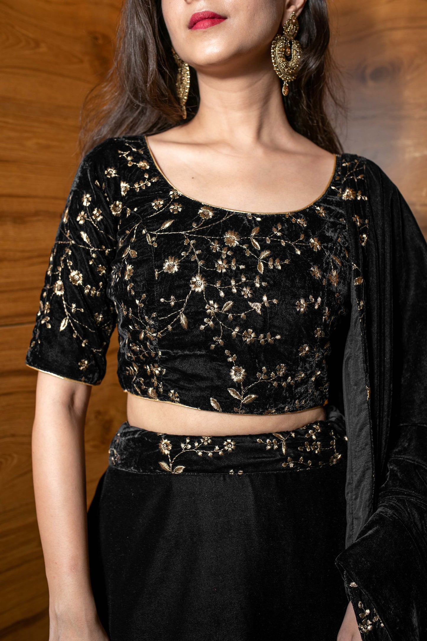 Women's Black Sequin and Zari Work Velvet Lehenga