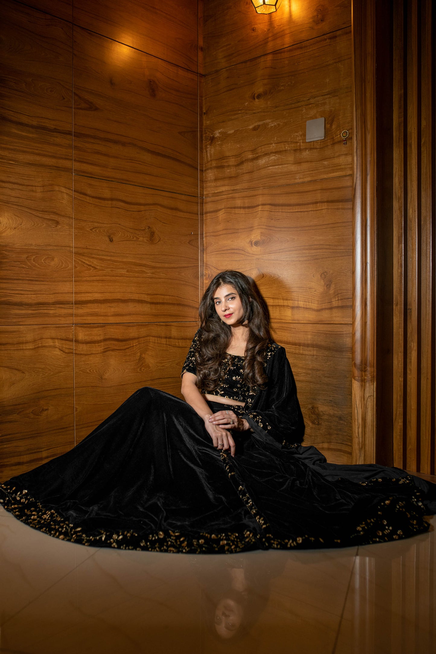 Women's Black Sequin and Zari Work Velvet Lehenga