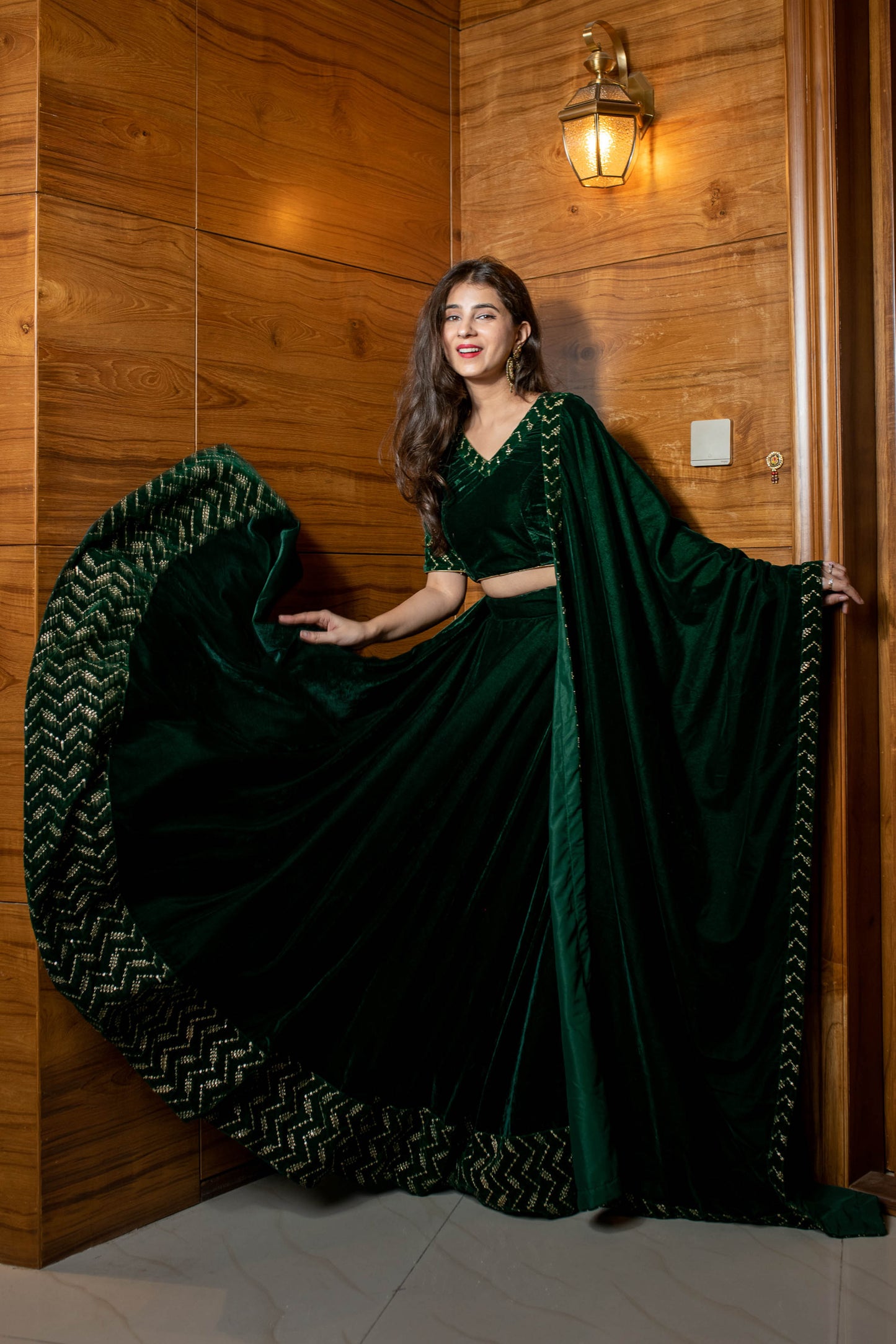 Women's Bottle Green Sequin And Zari Work Velvet Lehenga