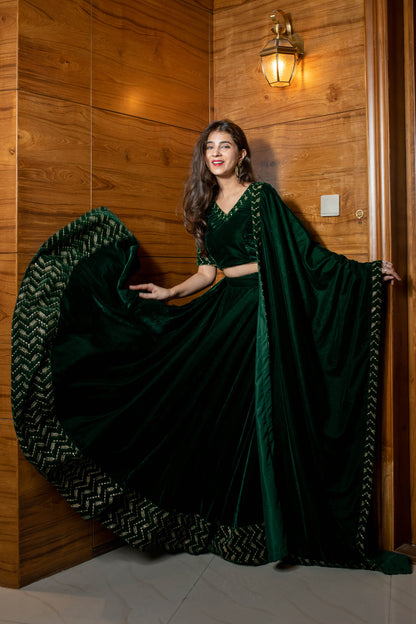 Women's Bottle Green Sequin And Zari Work Velvet Lehenga