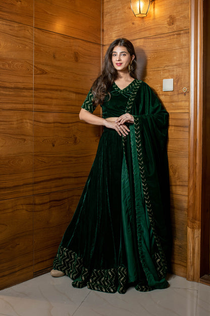 Women's Bottle Green Sequin And Zari Work Velvet Lehenga