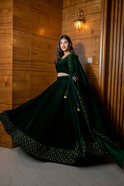 Women's Bottle Green Sequin And Zari Work Velvet Lehenga
