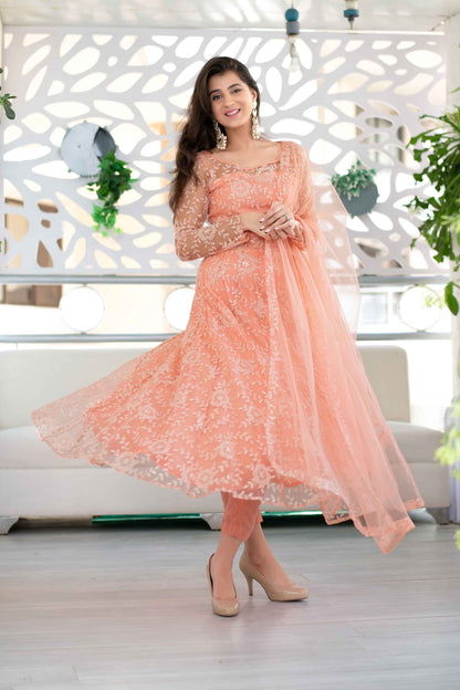 Women's Peach Heavy Thread Work Anarkali Suit Set With Net Dupatta (3 Pc Set)