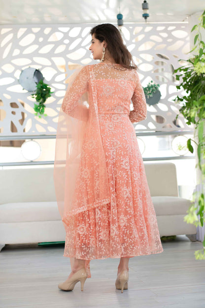 Women's Peach Heavy Thread Work Anarkali Suit Set With Net Dupatta (3 Pc Set)