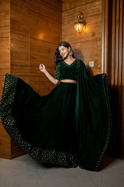 Women's Bottle Green Sequin And Zari Work Velvet Lehenga