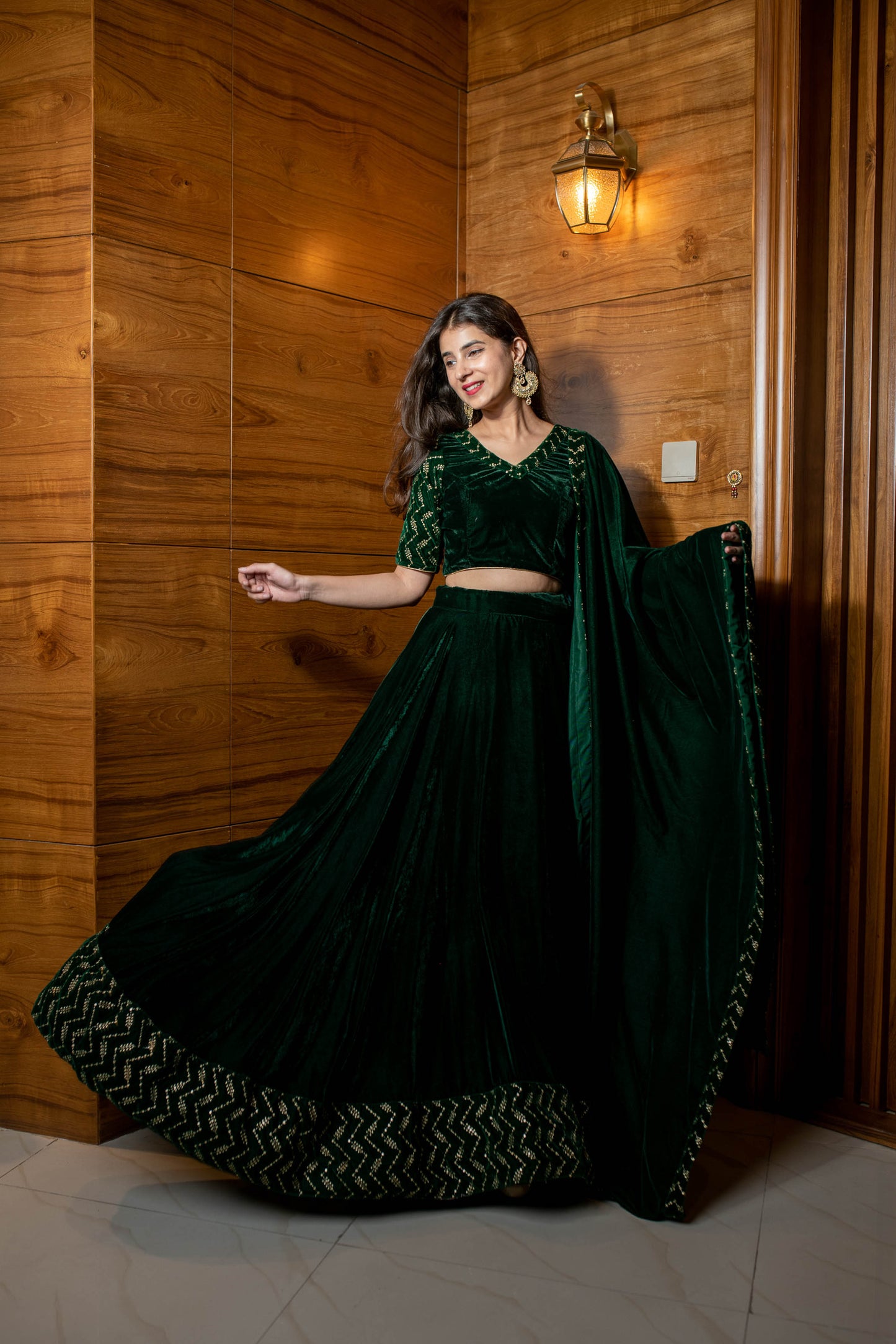 Women's Bottle Green Sequin And Zari Work Velvet Lehenga