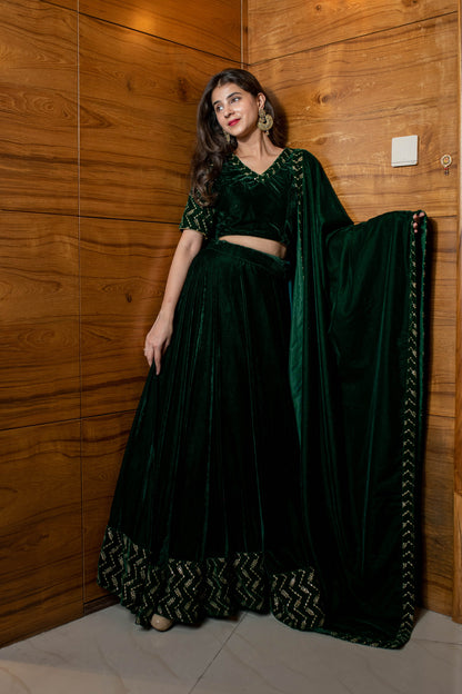 Women's Bottle Green Sequin And Zari Work Velvet Lehenga