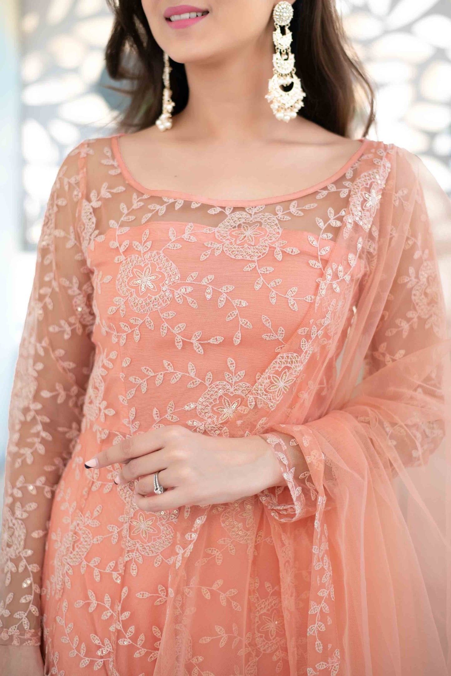 Women's Peach Heavy Thread Work Anarkali Suit Set With Net Dupatta (3 Pc Set)