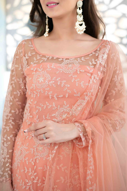 Women's Peach Heavy Thread Work Anarkali Suit Set With Net Dupatta (3 Pc Set)
