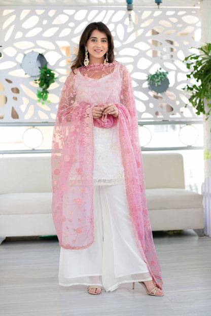 Women's White Palazzo Suit Set With Heavy Thread Work Pink Dupatta (3pcs Set)