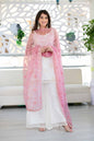 Women's White Palazzo Suit Set With Heavy Thread Work Pink Dupatta (3pcs Set)