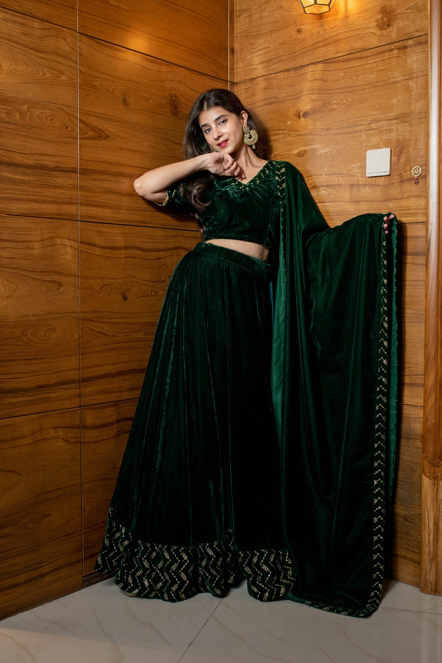 Women's Bottle Green Sequin And Zari Work Velvet Lehenga