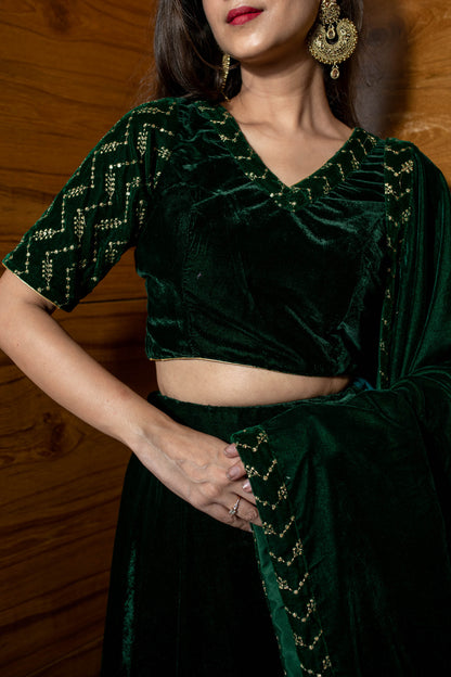 Women's Bottle Green Sequin And Zari Work Velvet Lehenga